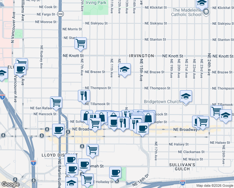 map of restaurants, bars, coffee shops, grocery stores, and more near 2217 Northeast 12th Avenue in Portland
