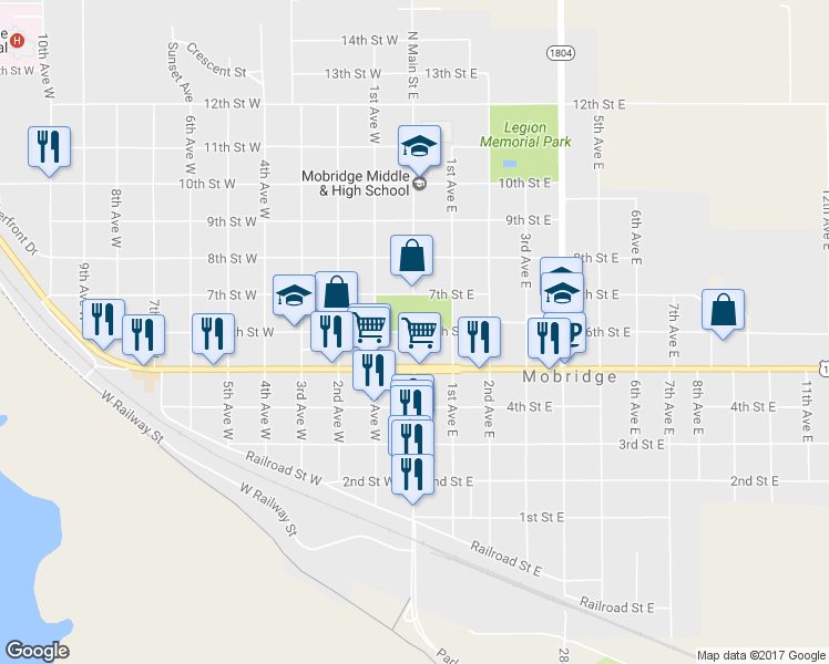 map of restaurants, bars, coffee shops, grocery stores, and more near 6th St E & Main St in Mobridge