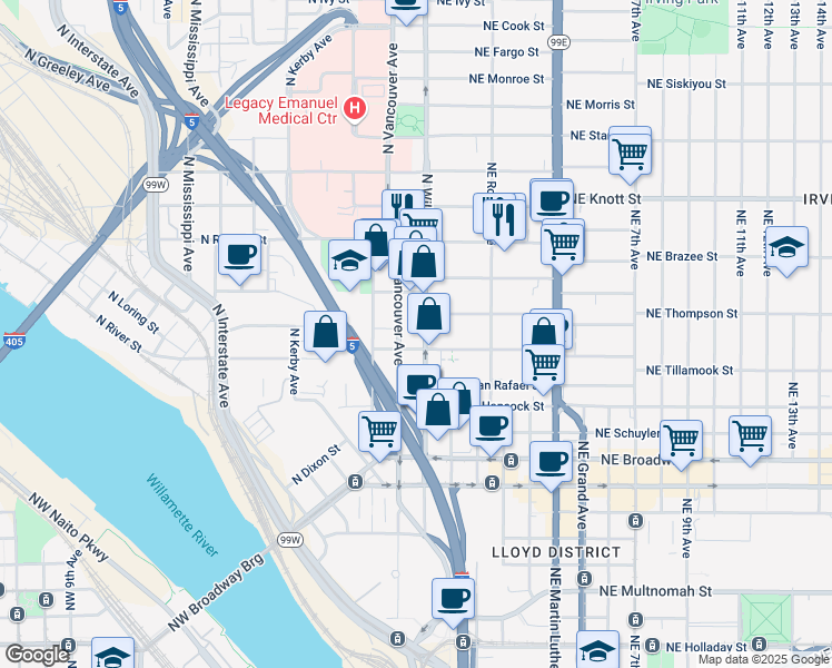 map of restaurants, bars, coffee shops, grocery stores, and more near 2100 North Vancouver Avenue in Portland