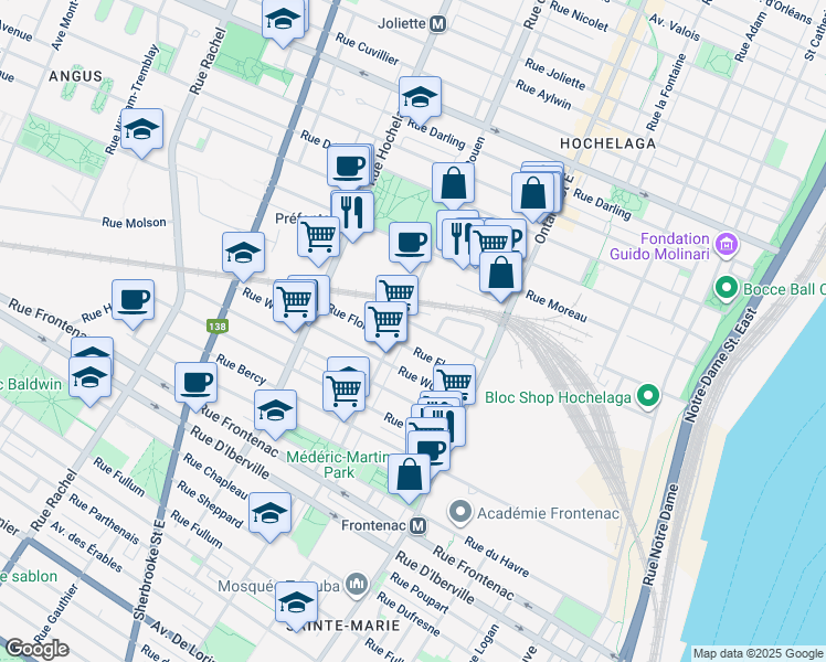 map of restaurants, bars, coffee shops, grocery stores, and more near 2220 Rue Lespérance in Montréal