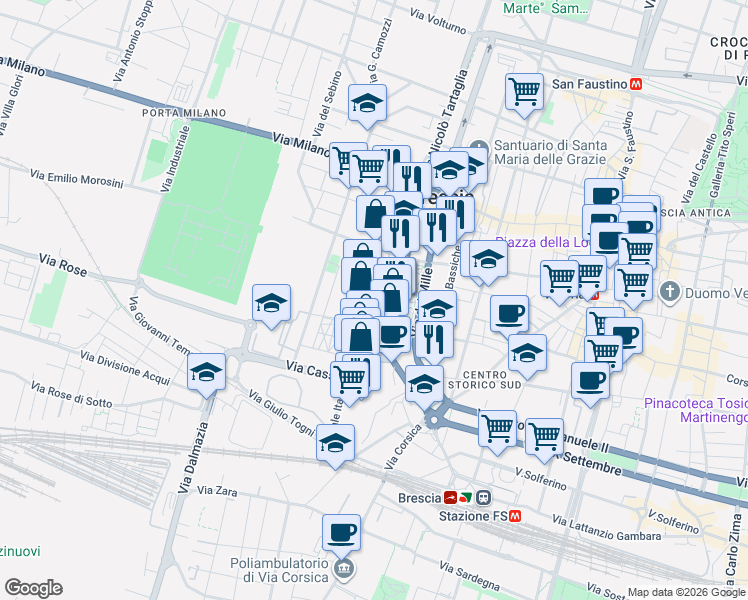 map of restaurants, bars, coffee shops, grocery stores, and more near 6 Via Antonio Tagliaferri in Brescia