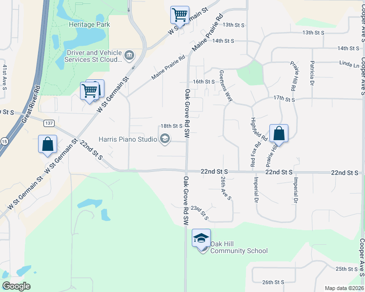 map of restaurants, bars, coffee shops, grocery stores, and more near 2904 19th Street South in St. Cloud