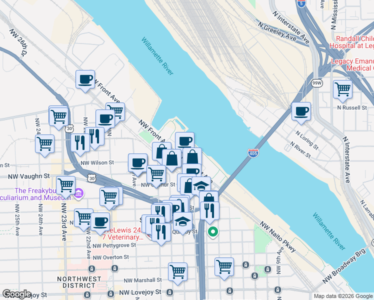 map of restaurants, bars, coffee shops, grocery stores, and more near 1700 Northwest Riverscape Street in Portland