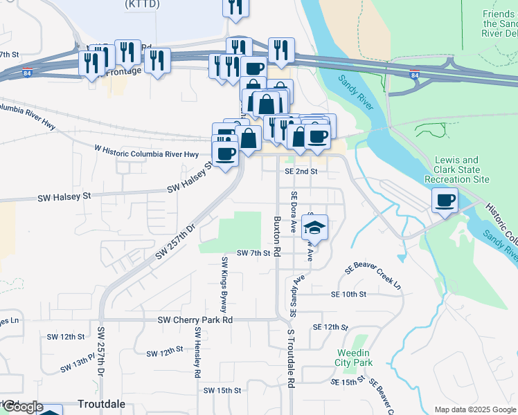 map of restaurants, bars, coffee shops, grocery stores, and more near 206 SW 4th St in Troutdale
