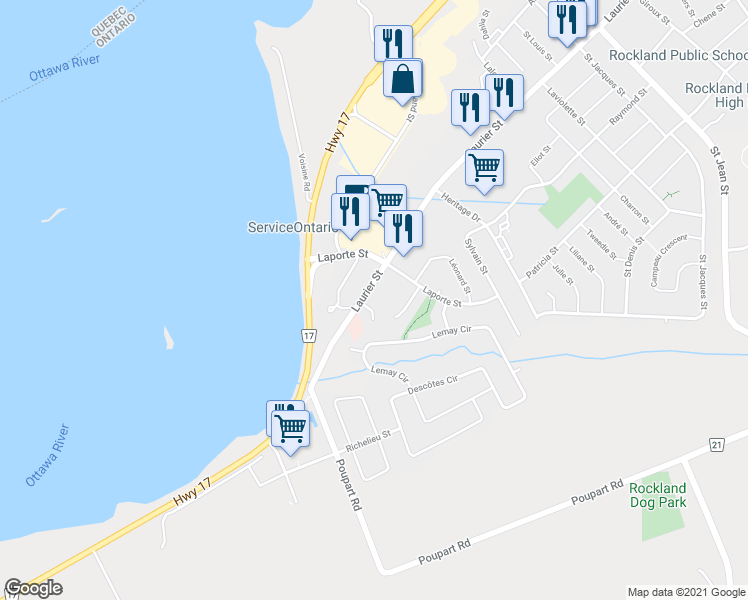 map of restaurants, bars, coffee shops, grocery stores, and more near 2921 Laurier Street in Clarence-Rockland