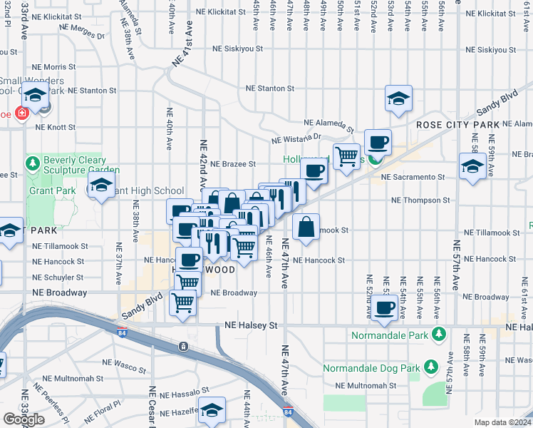 map of restaurants, bars, coffee shops, grocery stores, and more near 2209 Northeast 46th Avenue in Portland