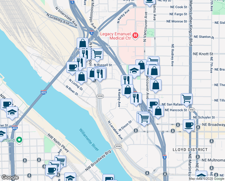 map of restaurants, bars, coffee shops, grocery stores, and more near 646 North Thompson Street in Portland