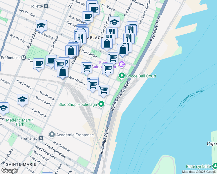 map of restaurants, bars, coffee shops, grocery stores, and more near 1420 Rue Préfontaine in Montréal