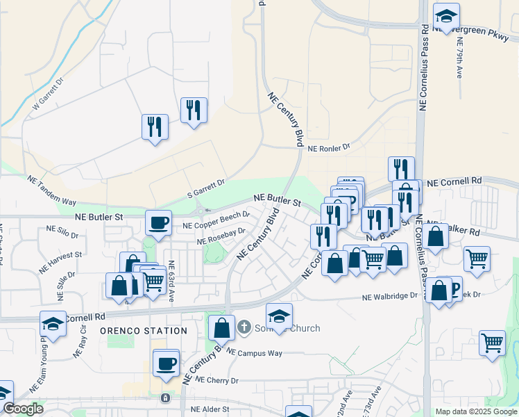 map of restaurants, bars, coffee shops, grocery stores, and more near 1867 Northeast Ashberry Drive in Hillsboro