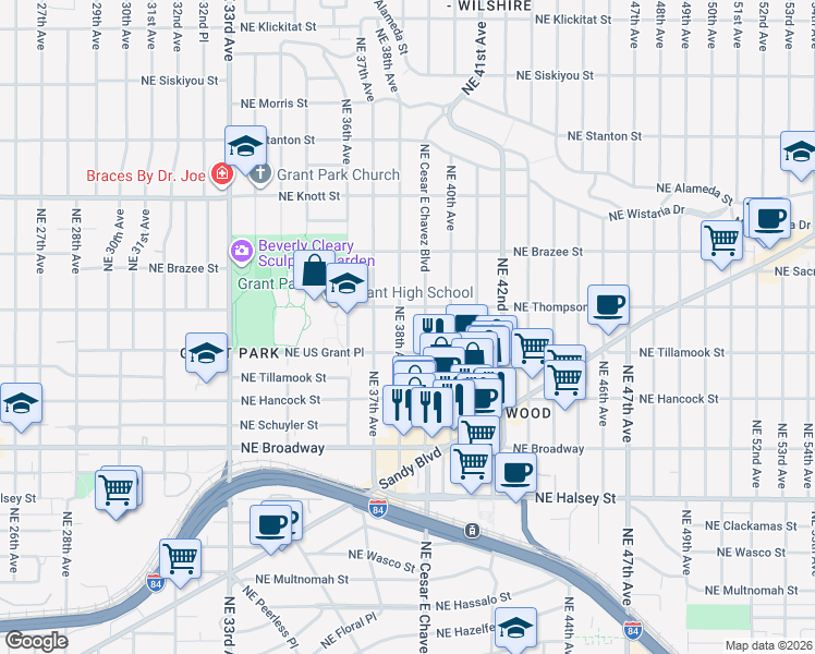 map of restaurants, bars, coffee shops, grocery stores, and more near 2204 Northeast 38th Avenue in Portland