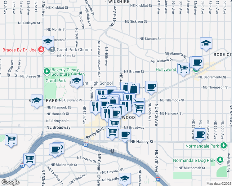 map of restaurants, bars, coffee shops, grocery stores, and more near 2204 Northeast 41st Avenue in Portland