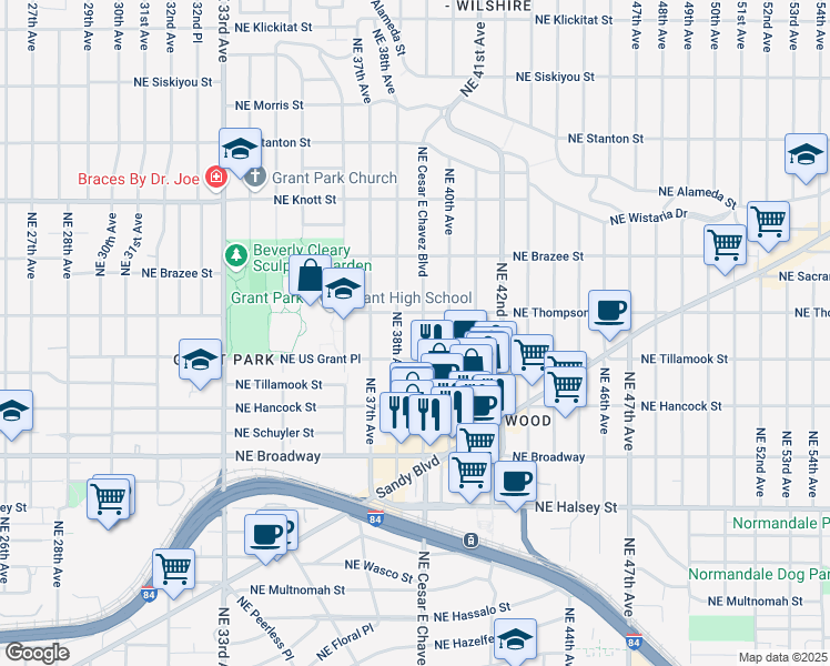 map of restaurants, bars, coffee shops, grocery stores, and more near 2205 Northeast Cesar E Chavez Boulevard in Portland