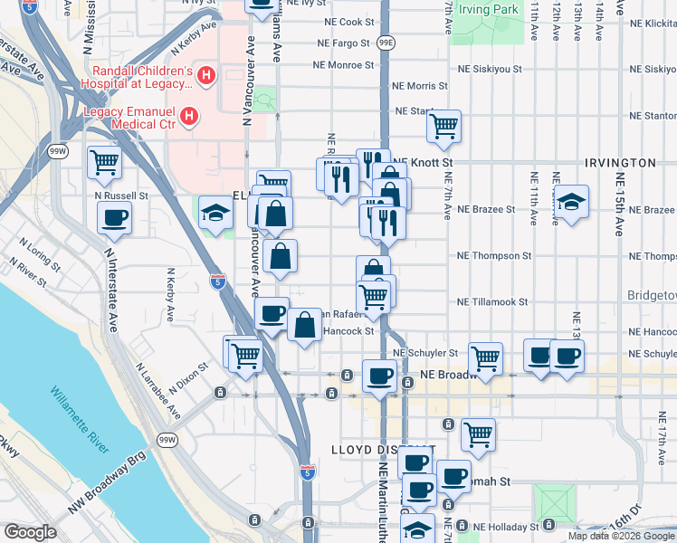 map of restaurants, bars, coffee shops, grocery stores, and more near 2126 Northeast Rodney Avenue in Portland