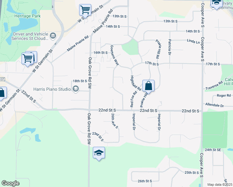 map of restaurants, bars, coffee shops, grocery stores, and more near 2001 Shannon Drive in St. Cloud