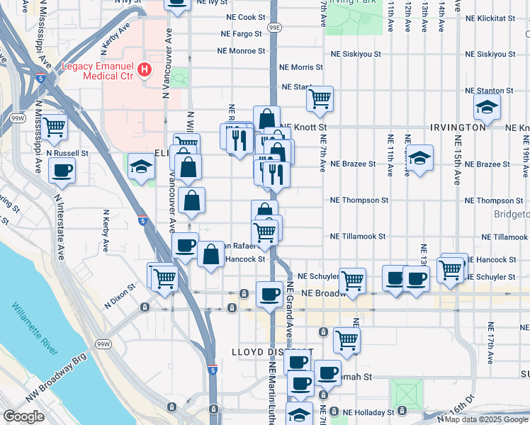 map of restaurants, bars, coffee shops, grocery stores, and more near 2111 Northeast Martin Luther King Junior Boulevard in Portland