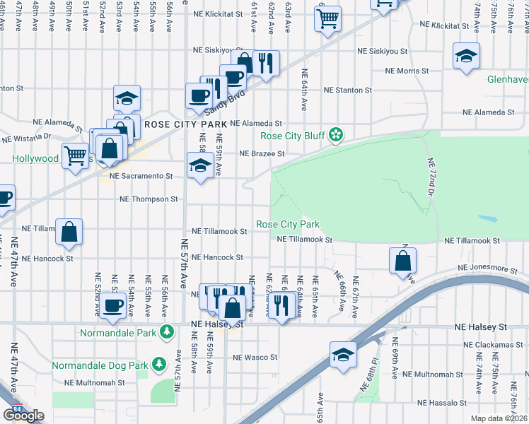 map of restaurants, bars, coffee shops, grocery stores, and more near 2221 Northeast 62nd Avenue in Portland