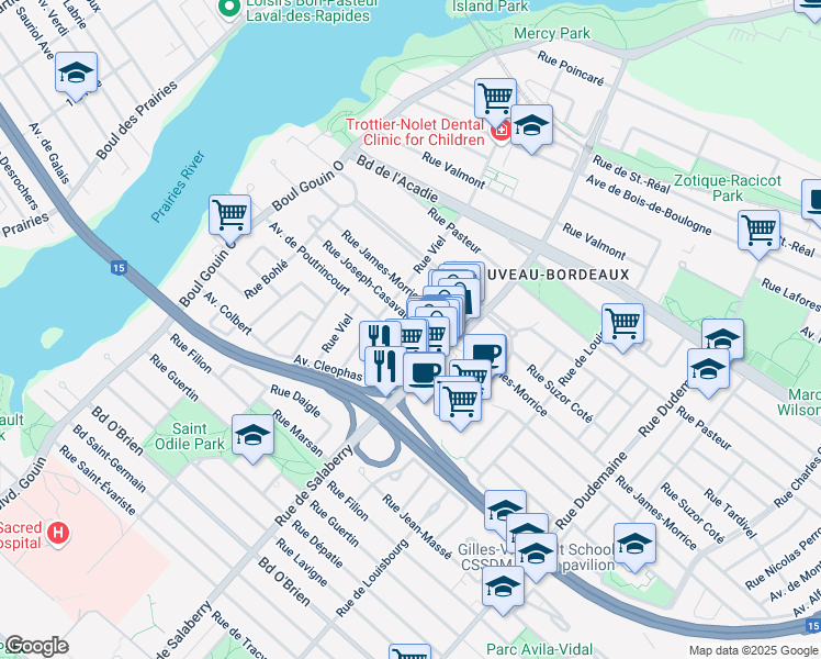 map of restaurants, bars, coffee shops, grocery stores, and more near 2655 Rue Charny in Montréal