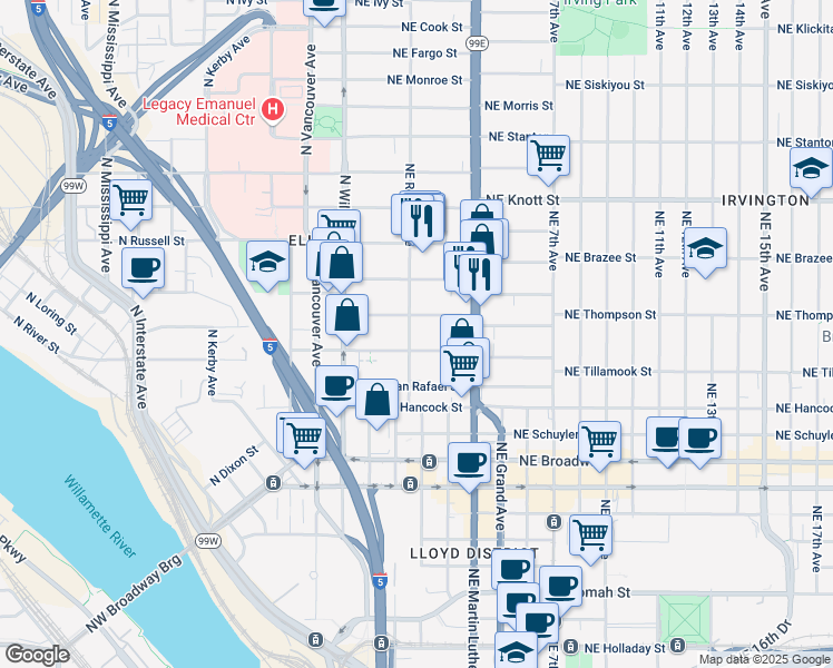map of restaurants, bars, coffee shops, grocery stores, and more near 2126 Northeast Rodney Avenue in Portland