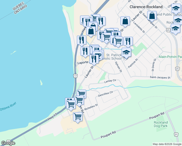 map of restaurants, bars, coffee shops, grocery stores, and more near 2921 Laurier Street in Clarence-Rockland