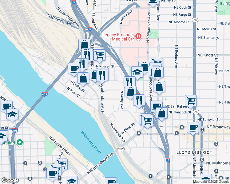 map of restaurants, bars, coffee shops, grocery stores, and more near 646 North Thompson Street in Portland