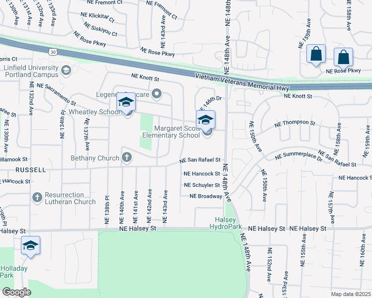 map of restaurants, bars, coffee shops, grocery stores, and more near 2114 Northeast 144th Avenue in Portland