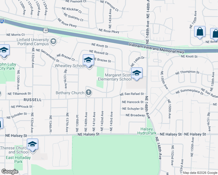 map of restaurants, bars, coffee shops, grocery stores, and more near 2116 Northeast 142nd Avenue in Portland