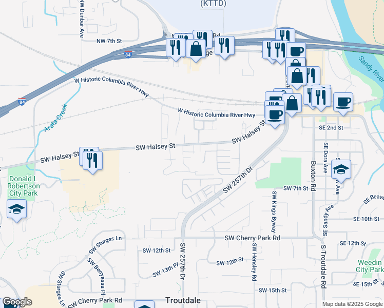 map of restaurants, bars, coffee shops, grocery stores, and more near 1107 Southwest 5th Way in Troutdale