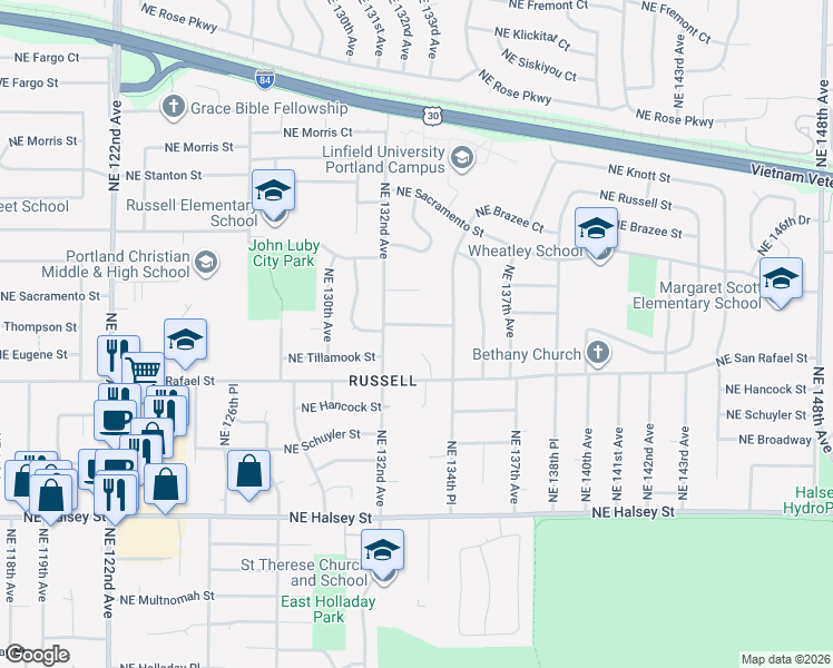 map of restaurants, bars, coffee shops, grocery stores, and more near 13322 Northeast Eugene Street in Portland