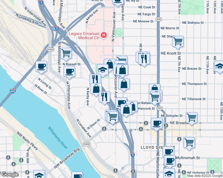 map of restaurants, bars, coffee shops, grocery stores, and more near 2124 North Flint Avenue in Portland