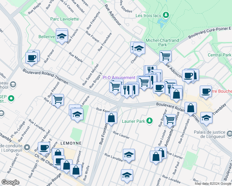 map of restaurants, bars, coffee shops, grocery stores, and more near 1591 Boulevard Roland-Therrien in Longueuil