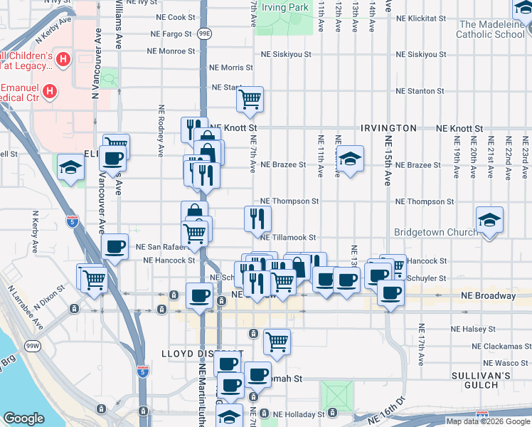 map of restaurants, bars, coffee shops, grocery stores, and more near 2219 Northeast 8th Avenue in Portland