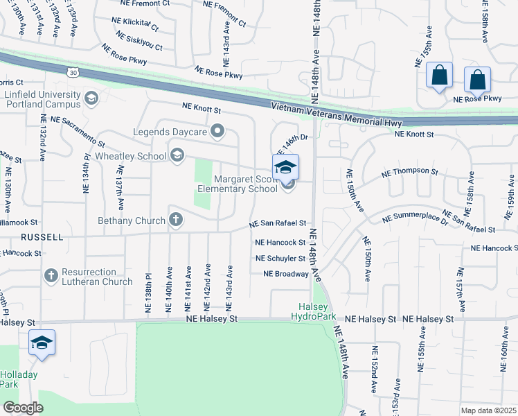 map of restaurants, bars, coffee shops, grocery stores, and more near 2114 Northeast 144th Avenue in Portland