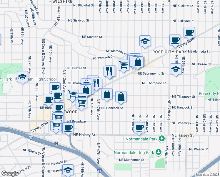 map of restaurants, bars, coffee shops, grocery stores, and more near 2205a Northeast 49th Avenue in Portland