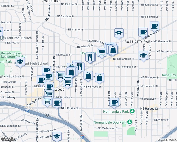 map of restaurants, bars, coffee shops, grocery stores, and more near 2205a Northeast 49th Avenue in Portland