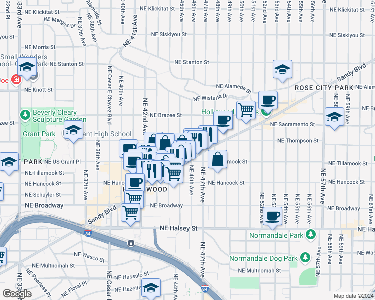 map of restaurants, bars, coffee shops, grocery stores, and more near 2209 Northeast 46th Avenue in Portland