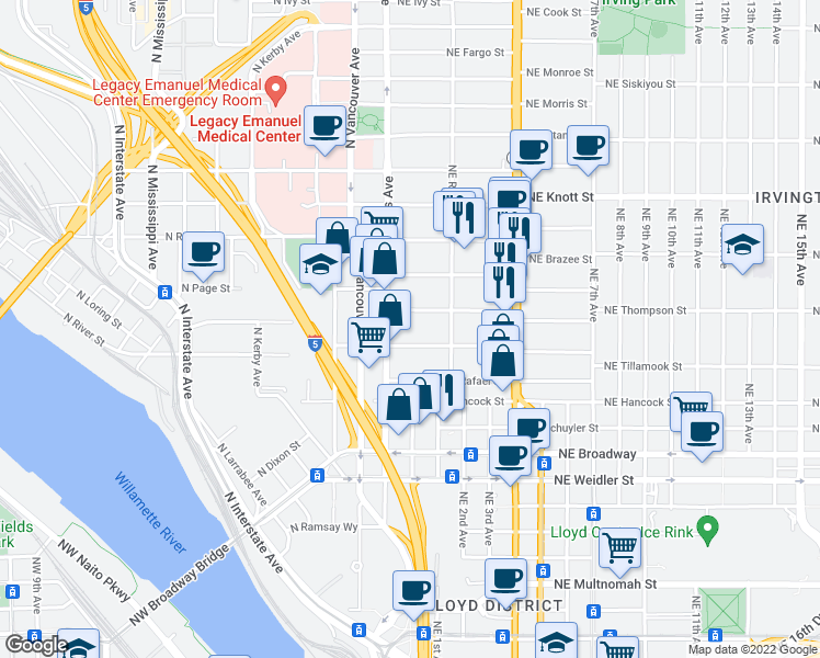 map of restaurants, bars, coffee shops, grocery stores, and more near 41 Northeast Tillamook Street in Portland