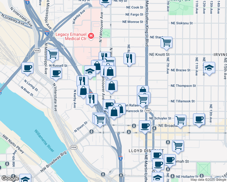 map of restaurants, bars, coffee shops, grocery stores, and more near 2100 North Vancouver Avenue in Portland