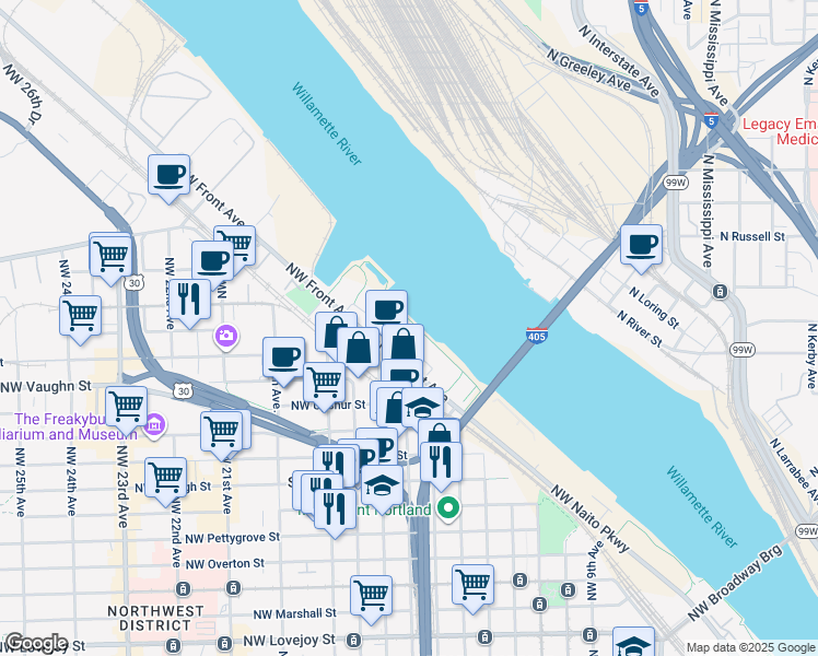 map of restaurants, bars, coffee shops, grocery stores, and more near in Portland