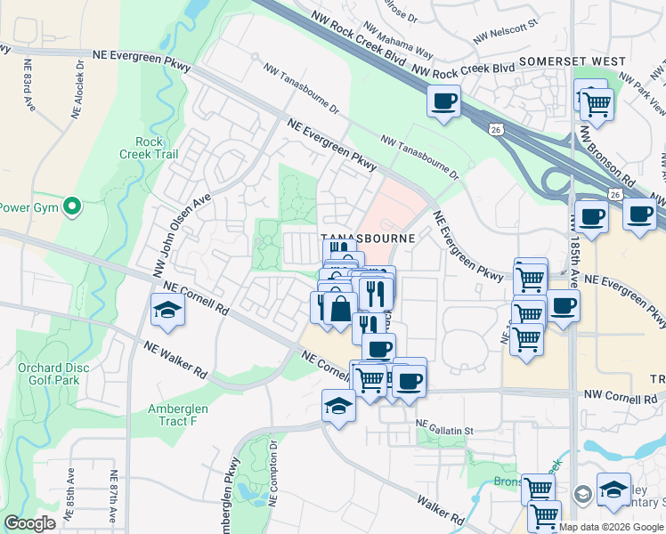 map of restaurants, bars, coffee shops, grocery stores, and more near 2615 Northeast Amberglen Parkway in Hillsboro