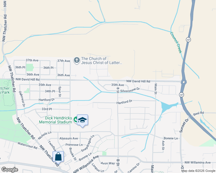 map of restaurants, bars, coffee shops, grocery stores, and more near 1720 35th Avenue in Forest Grove