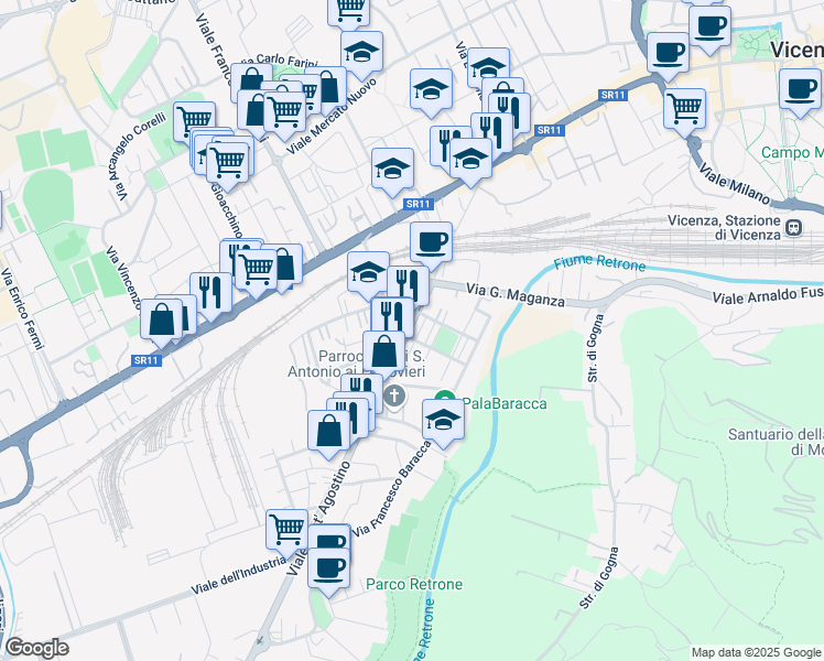map of restaurants, bars, coffee shops, grocery stores, and more near 77 Via G. Vaccari in Vicenza