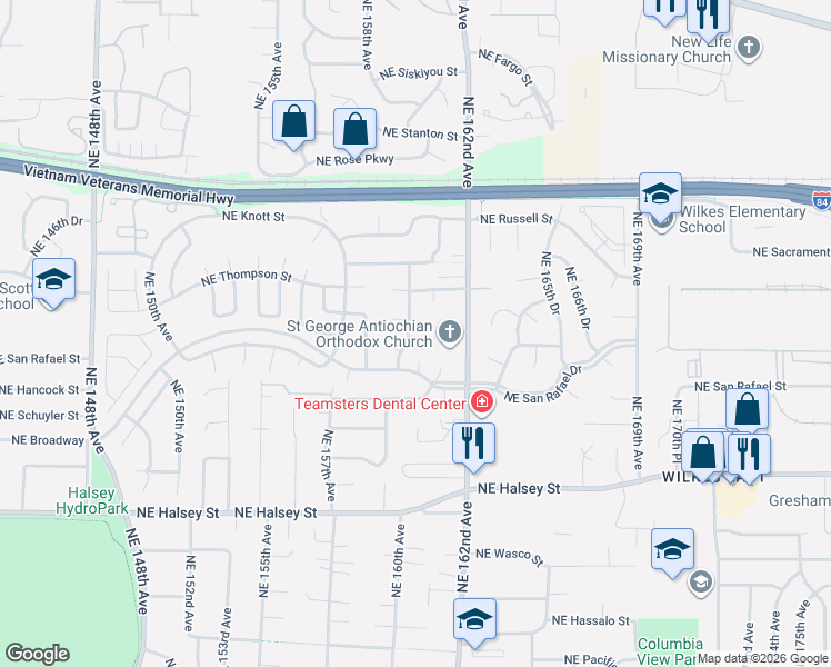 map of restaurants, bars, coffee shops, grocery stores, and more near 2128 Northeast 159th Avenue in Portland