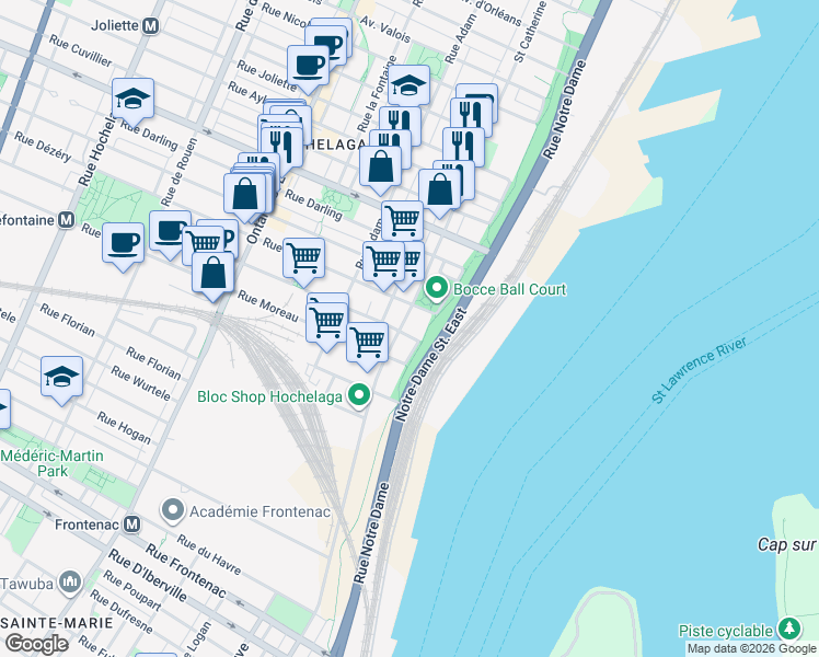 map of restaurants, bars, coffee shops, grocery stores, and more near 575 Rue Préfontaine in Montréal