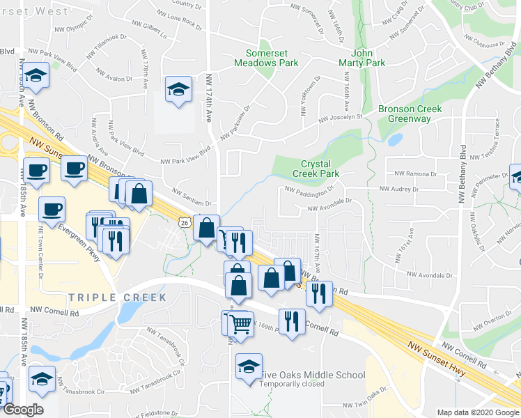 map of restaurants, bars, coffee shops, grocery stores, and more near 2529 Northwest Rogue Valley Terrace in Beaverton