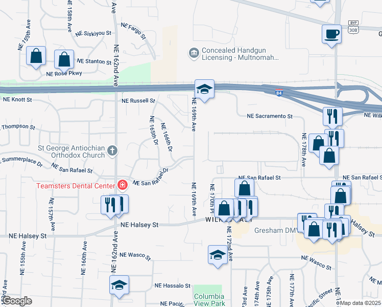 map of restaurants, bars, coffee shops, grocery stores, and more near 16801 Northeast San Rafael Drive in Portland