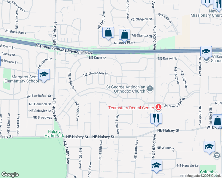 map of restaurants, bars, coffee shops, grocery stores, and more near 15616 Northeast Tillamook Street in Portland