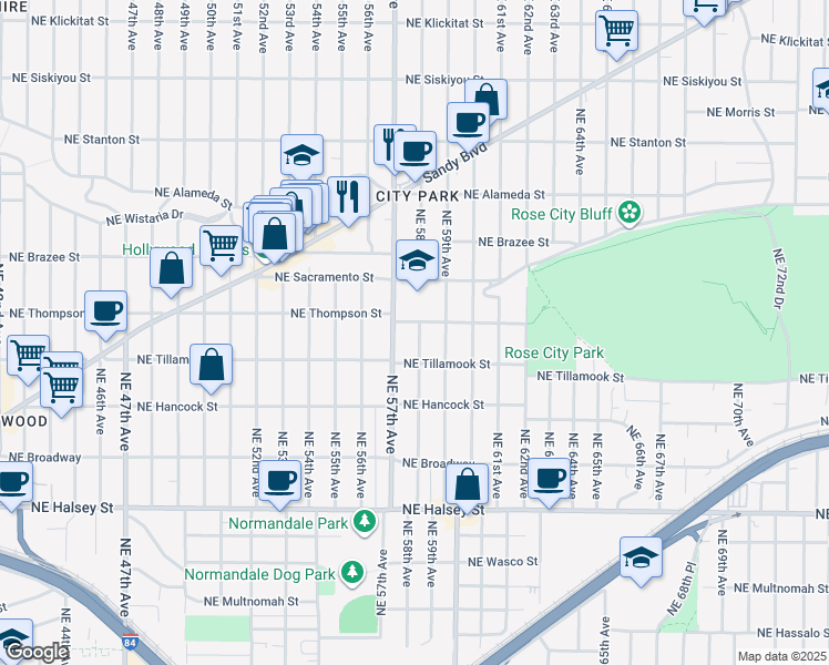 map of restaurants, bars, coffee shops, grocery stores, and more near 2221 Northeast 58th Avenue in Portland