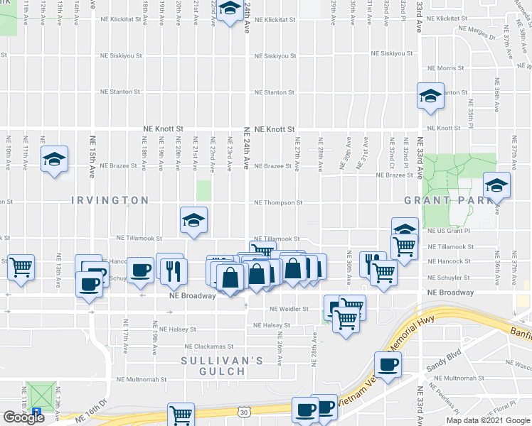 map of restaurants, bars, coffee shops, grocery stores, and more near 2224 Northeast 25th Avenue in Portland
