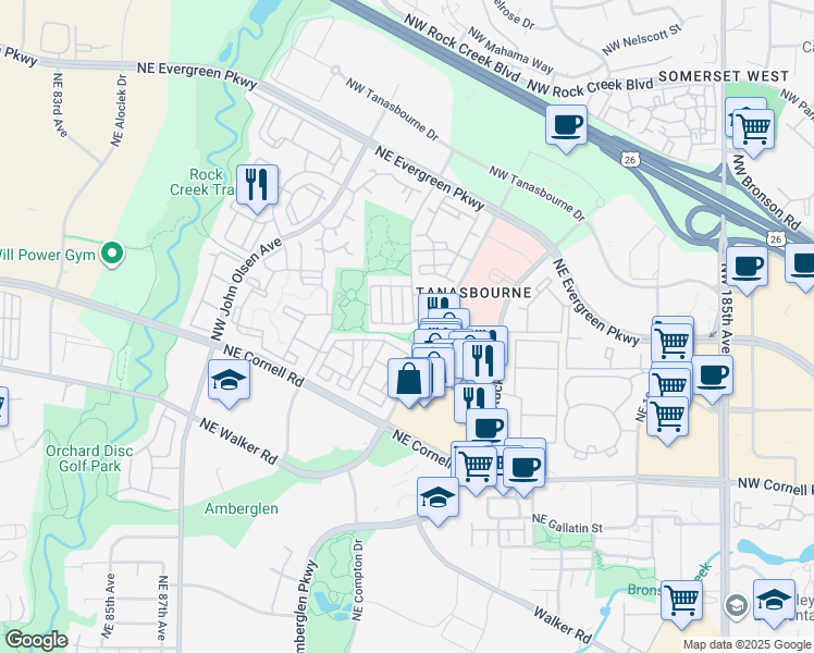 map of restaurants, bars, coffee shops, grocery stores, and more near 2604 Northeast Palazza Way in Hillsboro