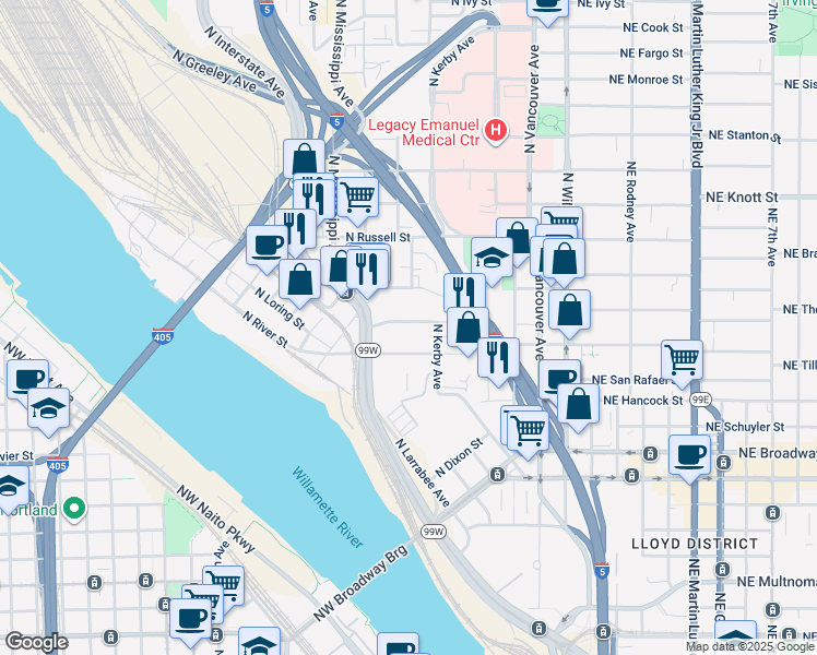 map of restaurants, bars, coffee shops, grocery stores, and more near 660 North Thompson Street in Portland